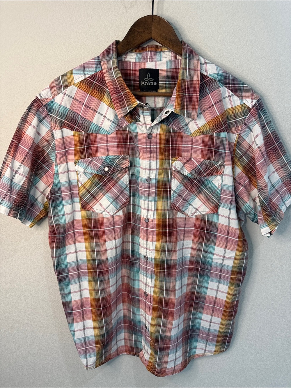 Prana Pink Plaid Pearl Snap Short Sleeve Western Shirt Size XL